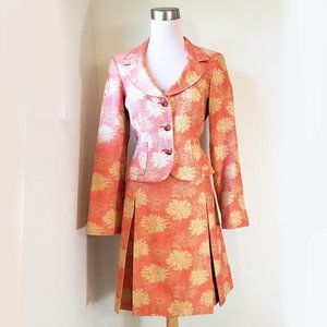 Vintage Evan Picone Salmon & Gold Floral Skirt Jacket Suit Sz 6